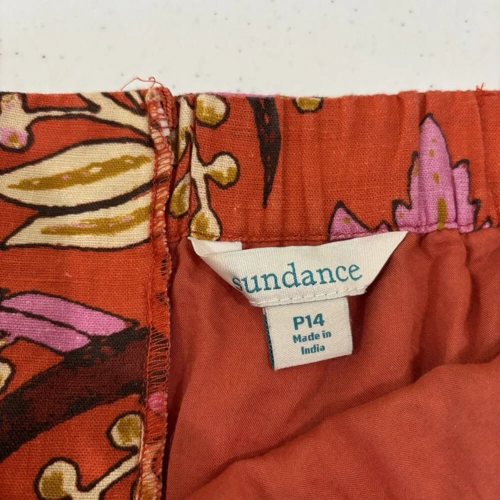Sundance 100% Linen Pink Floral Midi Skirt P14 Pencil Paisley Lined Boho Beach